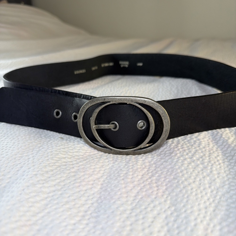 Fossil Wide Black Leather Belt Silver Buckle Size Large